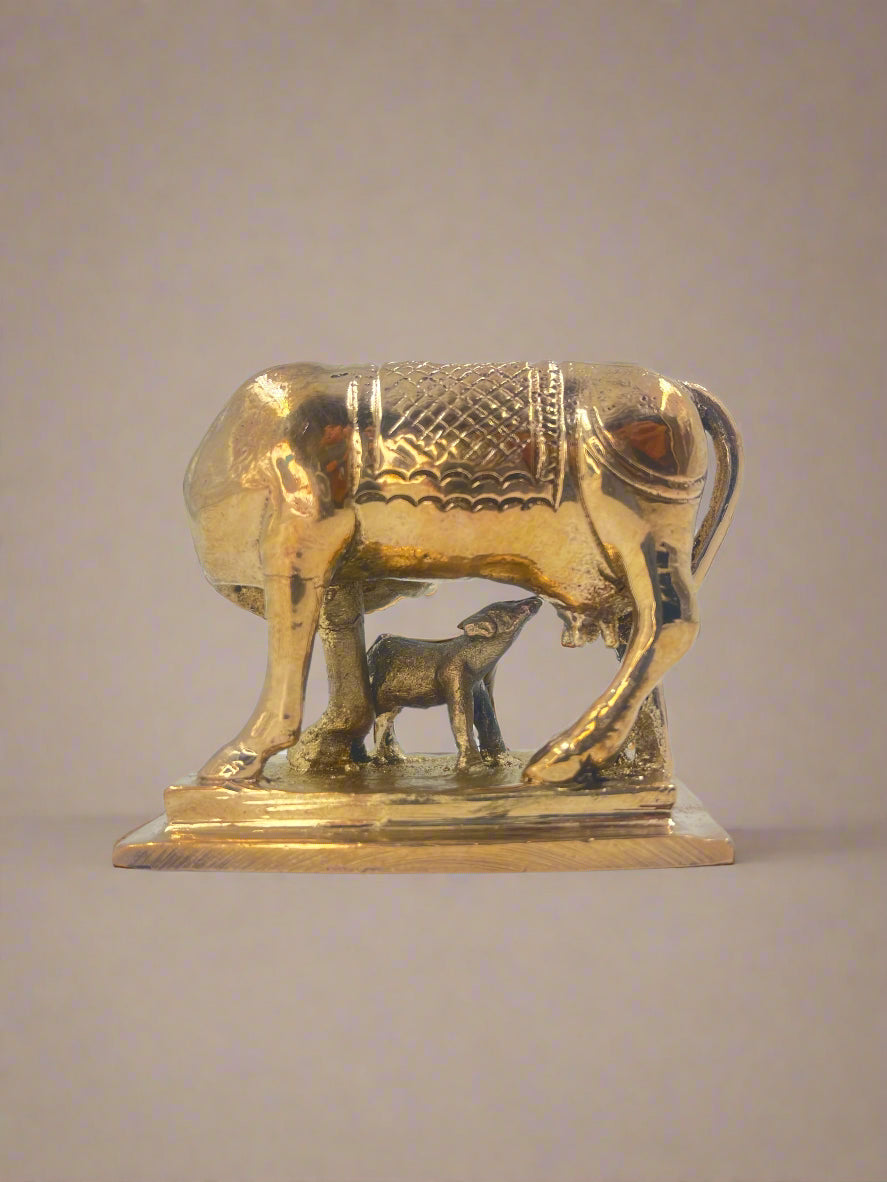 Cow & Calf Bronze Idol 3-inch | Handcrafted Panchaloha Art