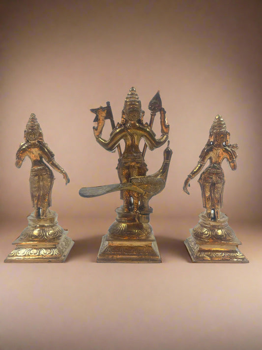 Murugan Valli Deivanai 4.5-inch Handcrafted Panchaloha Bronze Idol - Shree Ma Sculptures