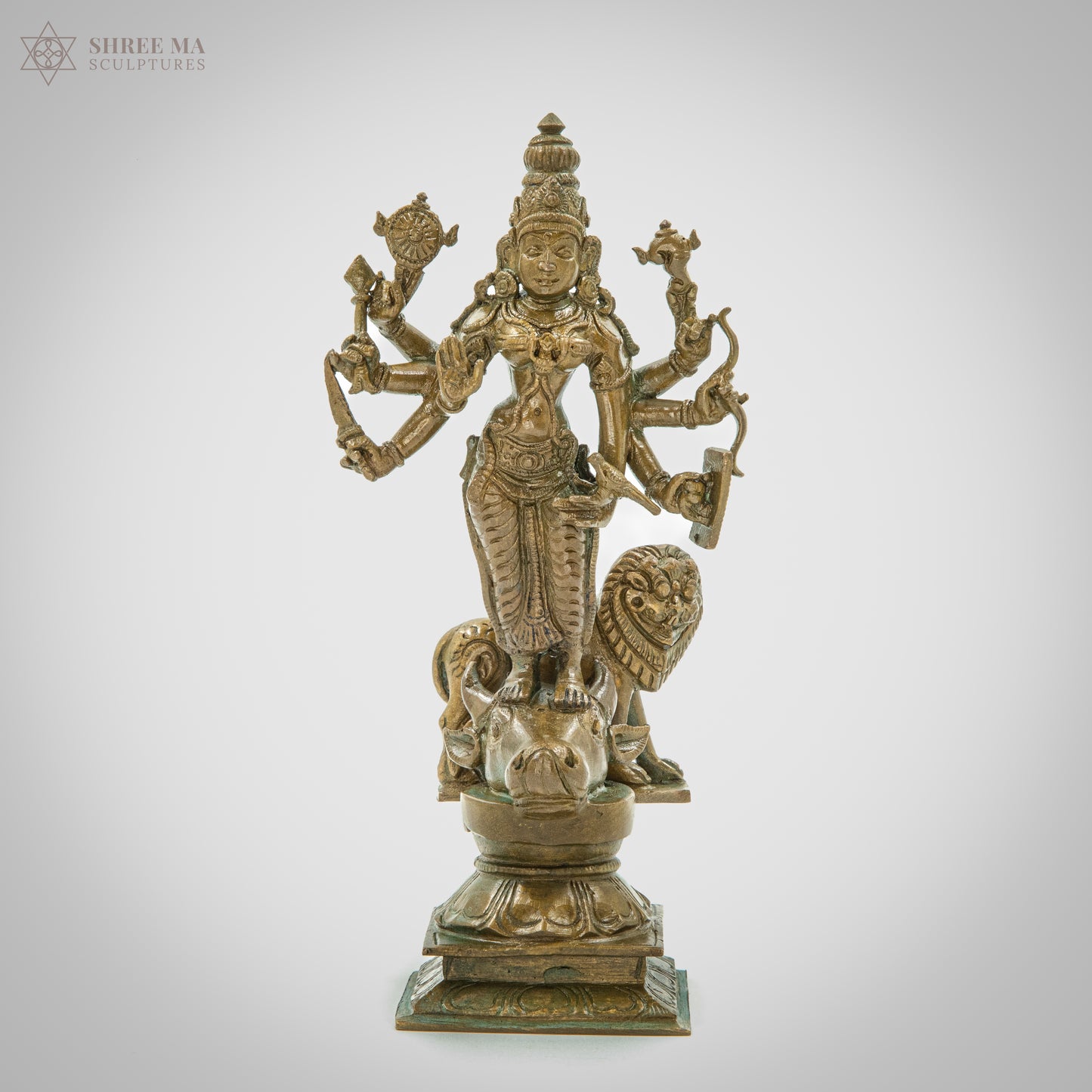 Durga with lion 6" | Antique finish | Handmade | Madhuchista-Vidhana (Lost-Wax casting) | Panchaloha Bronze from Swamimalai - Shree Ma Sculptures