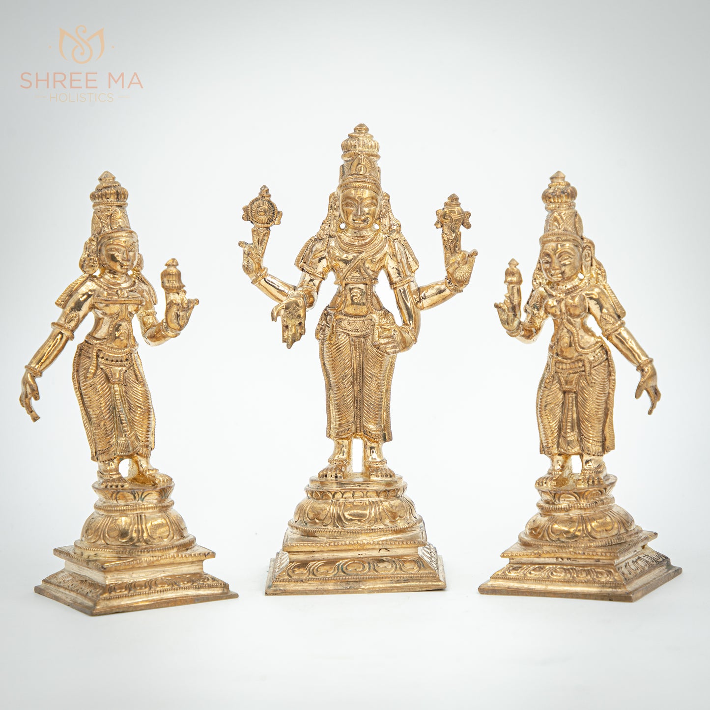 Vishnu with Sridevi and Bhudevi 7" | Handmade | Madhuchista-Vidhana (Lost-Wax casting) | Panchaloha Bronze from Swamimalai - Shree Ma Sculptures