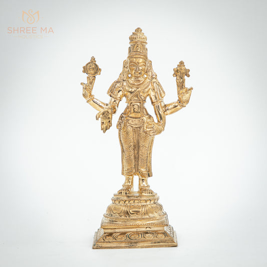Vishnu with Sridevi and Bhudevi 7" | Handmade | Madhuchista-Vidhana (Lost-Wax casting) | Panchaloha Bronze from Swamimalai - Shree Ma Sculptures