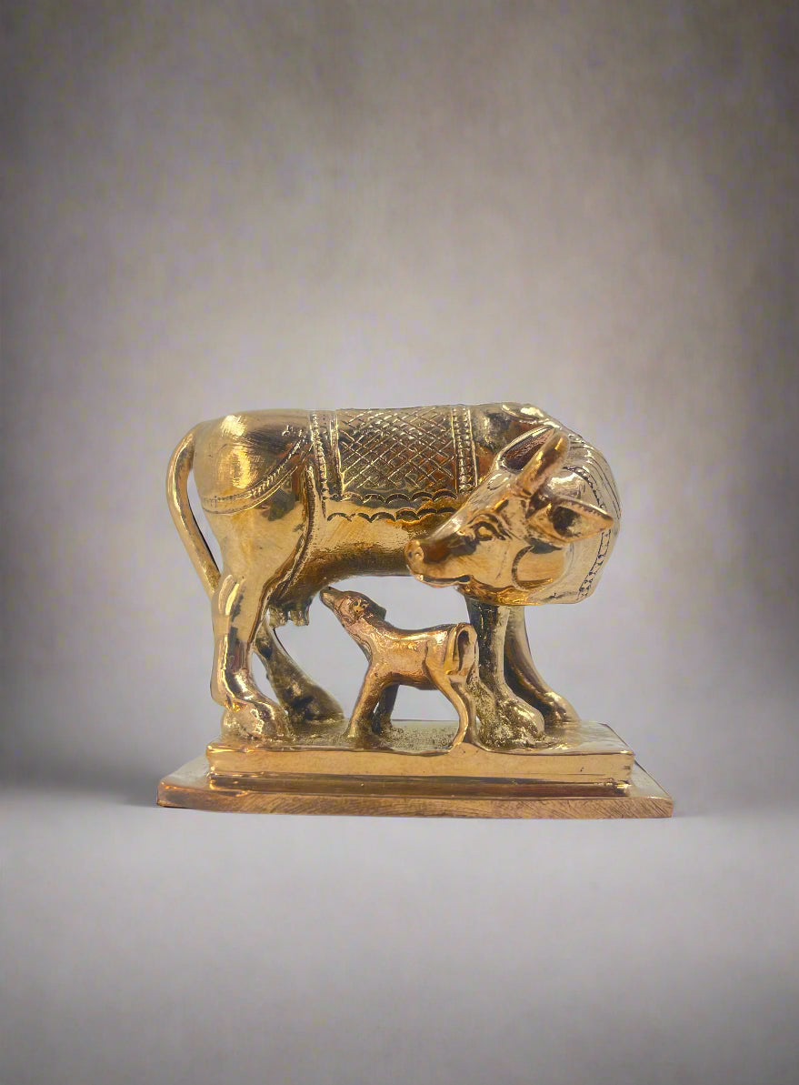 Cow & Calf Bronze Idol 3-inch | Handcrafted Panchaloha Art