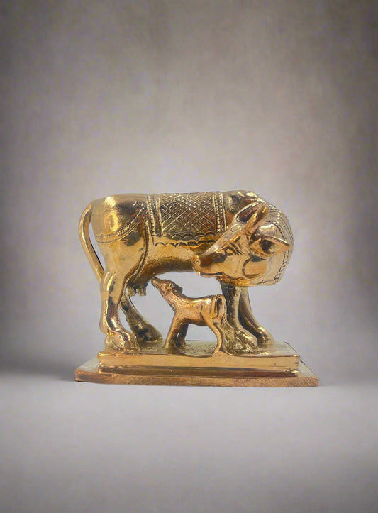 Cow & Calf Bronze Idol 3-inch | Handcrafted Panchaloha Art
