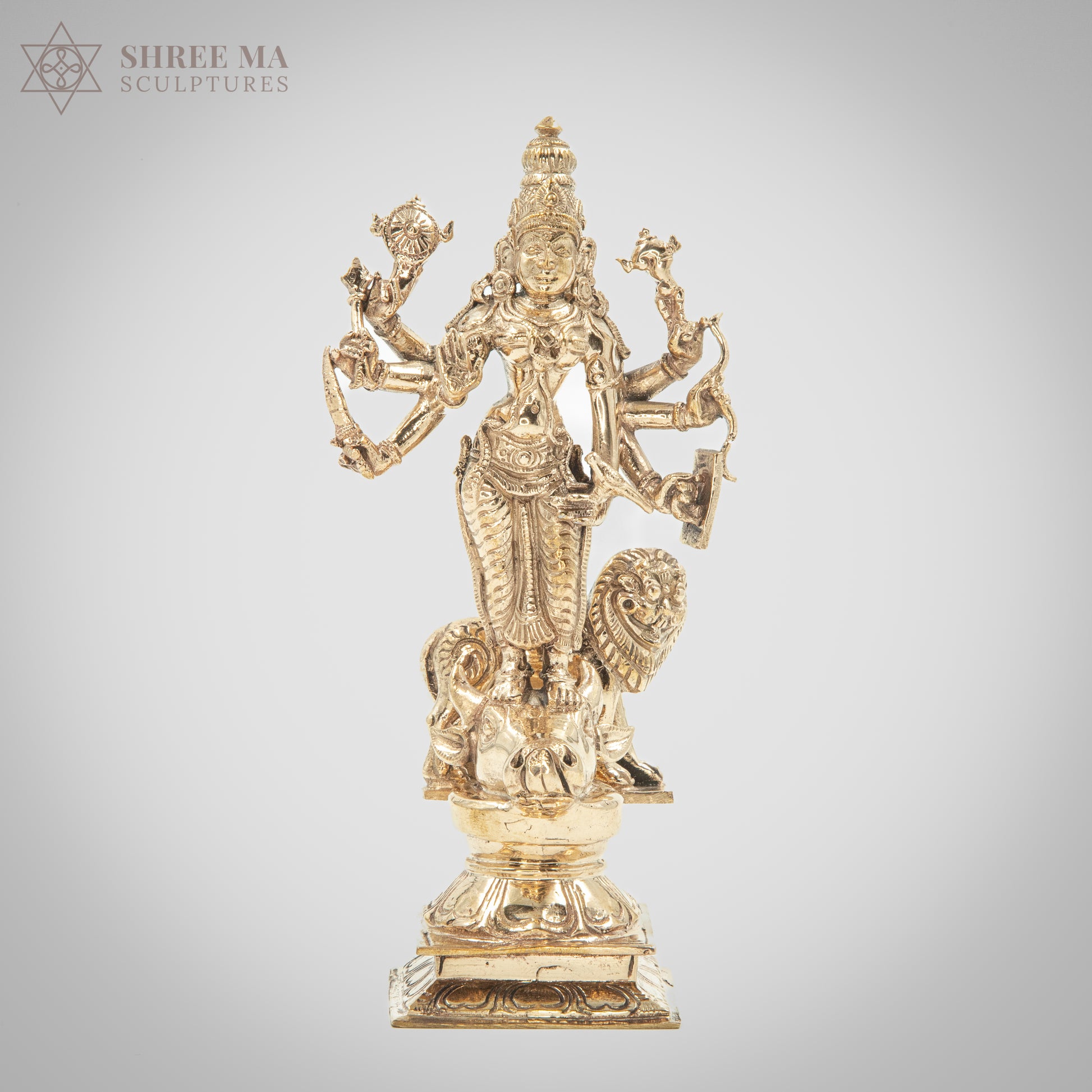 Durga with Lion 6" | Handmade | Madhuchista-Vidhana (Lost-Wax casting) | Panchaloha Bronze from Swamimalai - Shree Ma Sculptures