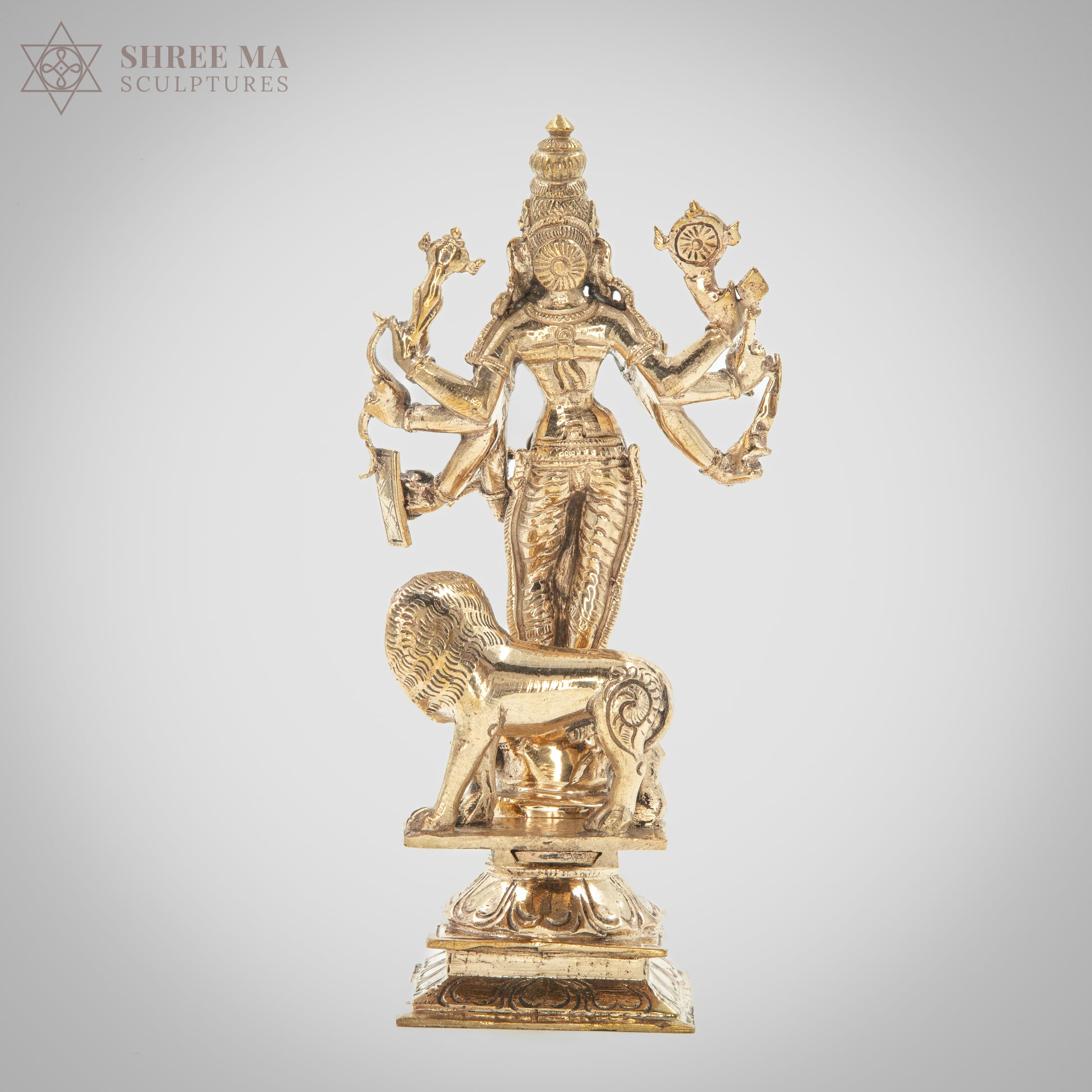 Durga with Lion 6" | Handmade | Madhuchista-Vidhana (Lost-Wax casting) | Panchaloha Bronze from Swamimalai - Shree Ma Sculptures