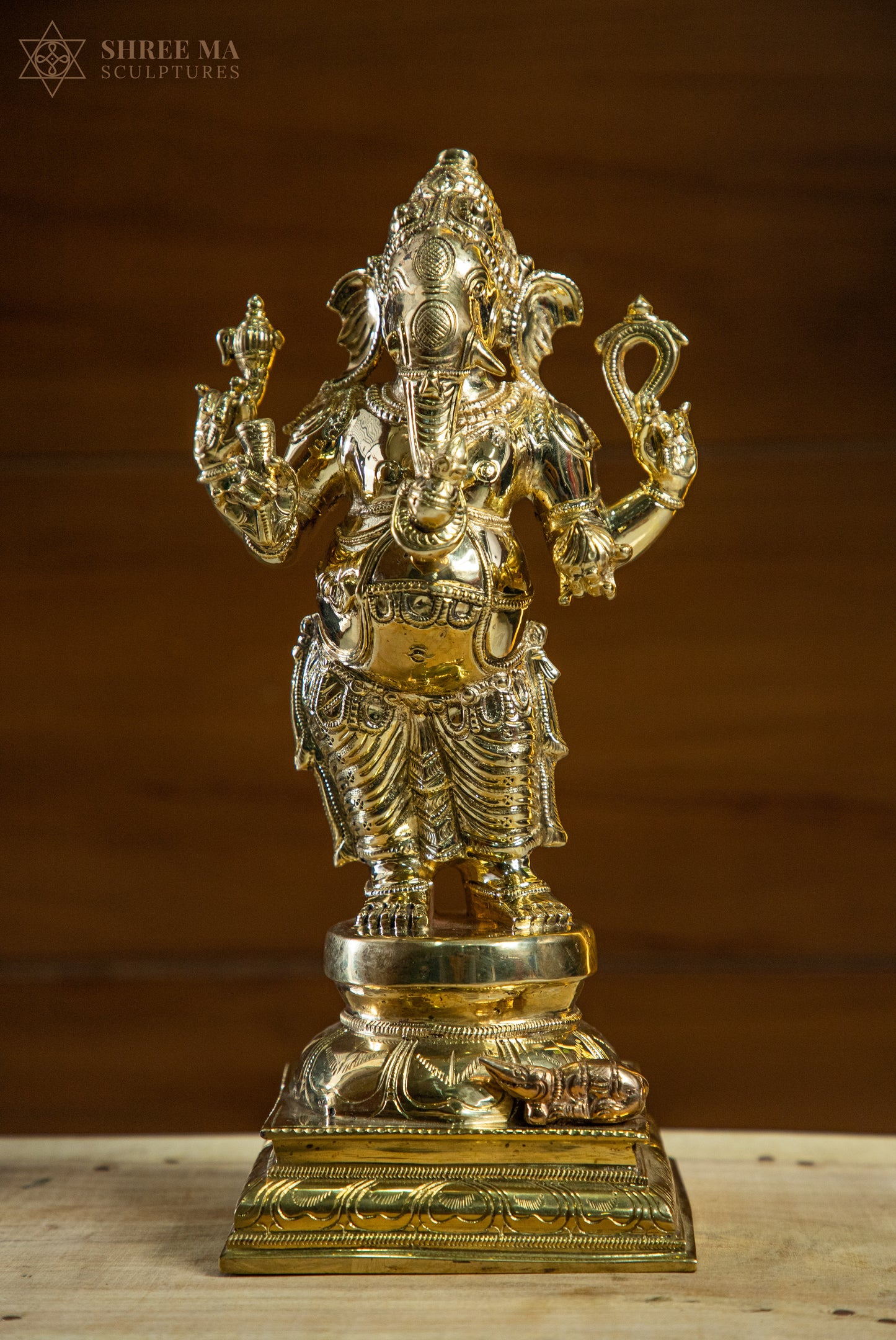 Standing Ganesha 13-Inch Panchaloha Bronze Idol – Handmade Natural-Finish Sculpture - Shree Ma Sculptures