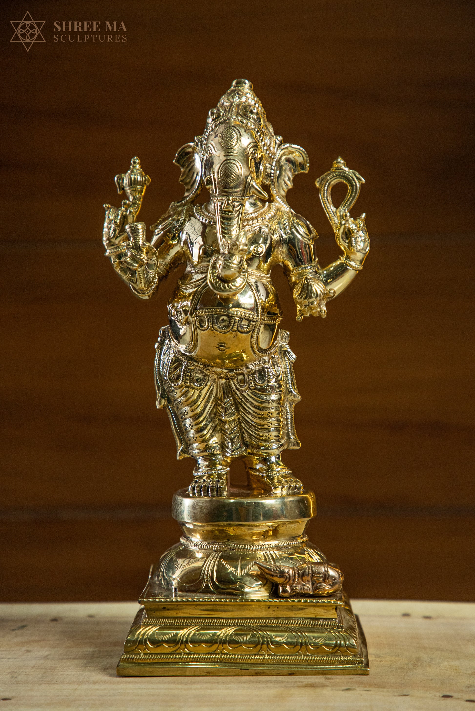 Standing Ganesha 13-Inch Panchaloha Bronze Idol – Handmade Natural-Finish Sculpture - Shree Ma Sculptures