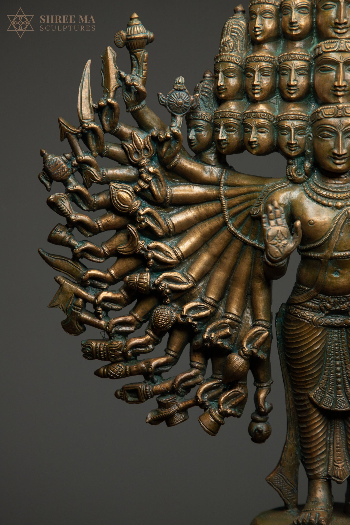 Sadashiva 20" Panchaloha Sculpture | 25 Heads, 50 Hands | Antique Finish | A Mystical Symphony in Bronze