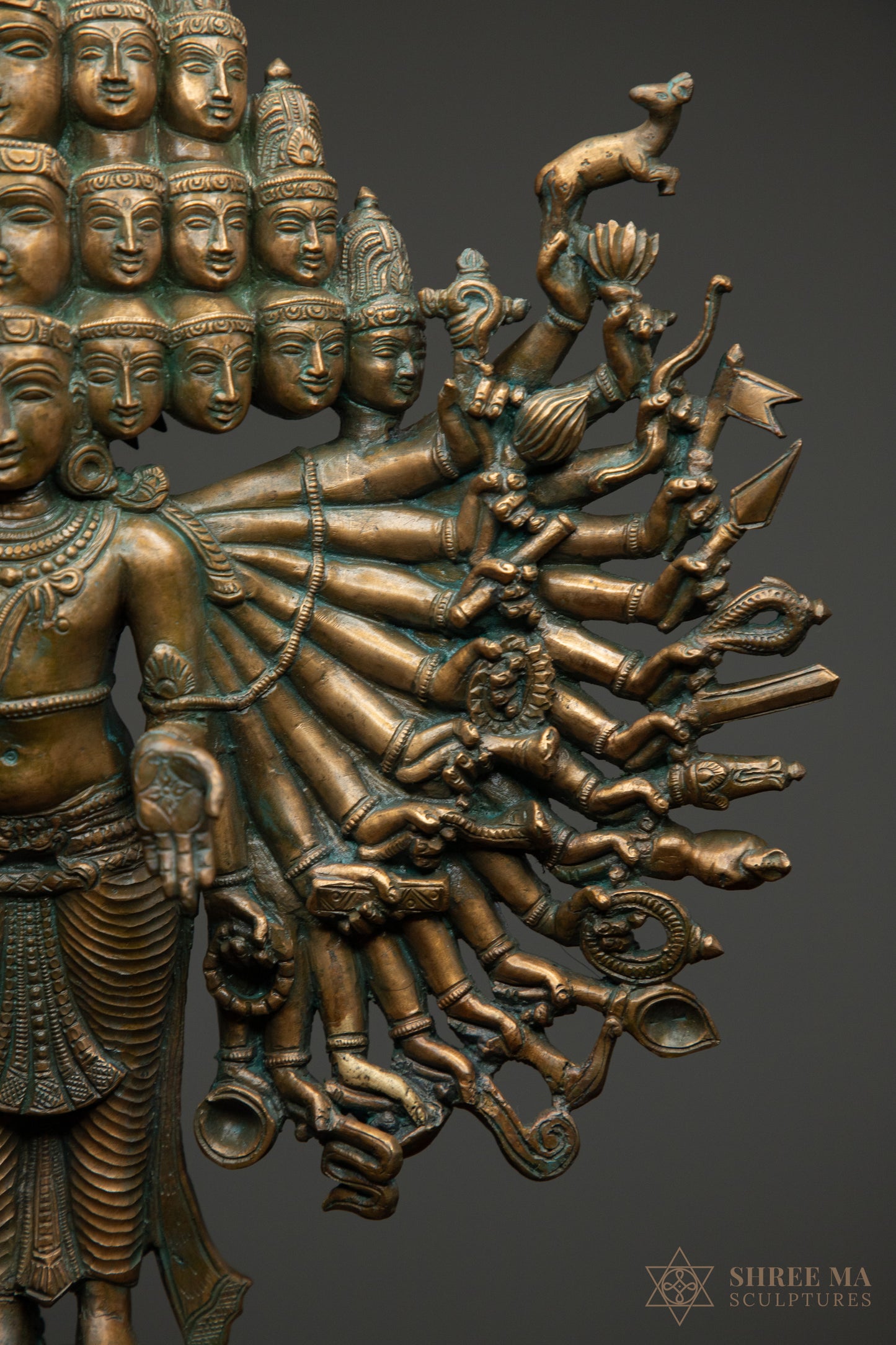 Sadashiva 20" Panchaloha Sculpture | 25 Heads, 50 Hands | Antique Finish | A Mystical Symphony in Bronze